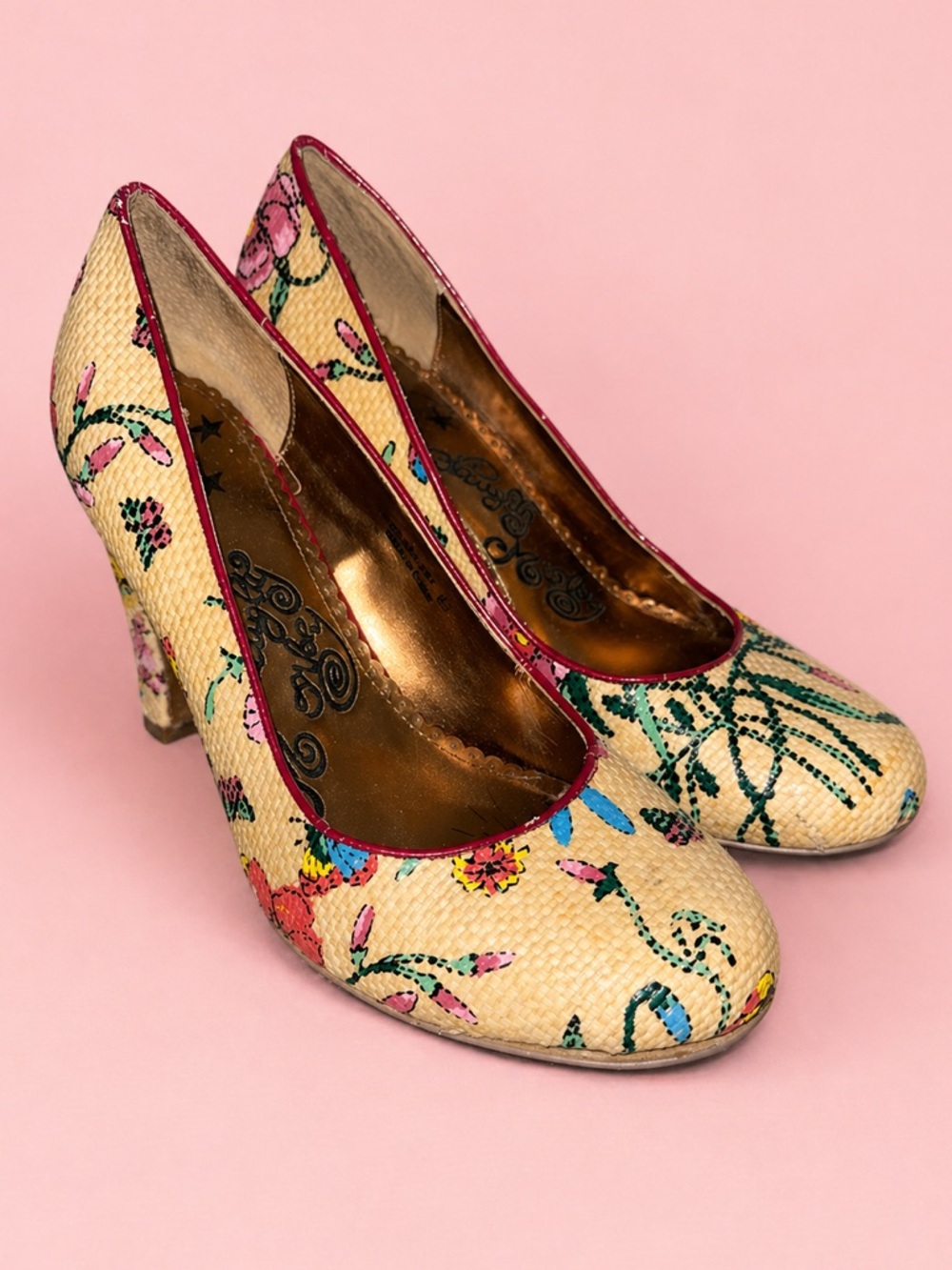Naughty Monkey Floral Heels Pumps Straw Woven Multicolor Round Toe Size 8.5